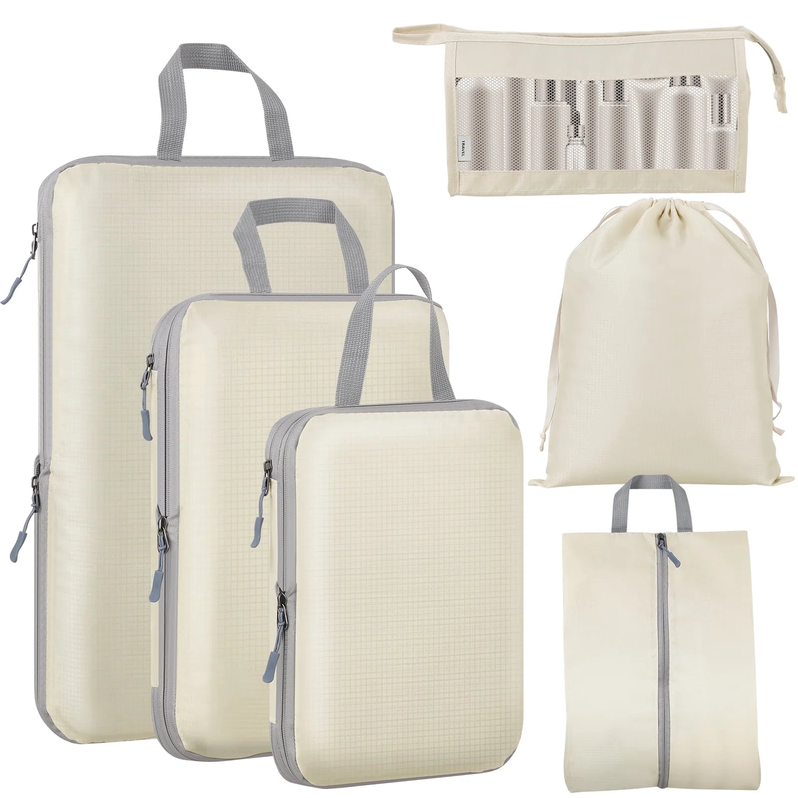 6-Piece Durable Compression Packing Cube Set for Luggage Organization with Laundry and Shoe Bags - Beige